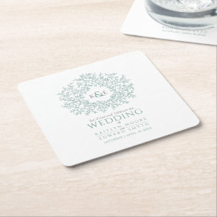 Green circle leaf drawing monogram wedding square paper coaster