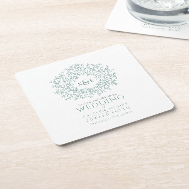 Green circle leaf drawing monogram wedding square paper coaster (Angled)