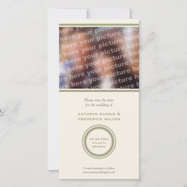 Green circle wedding save the date announcement (Front)
