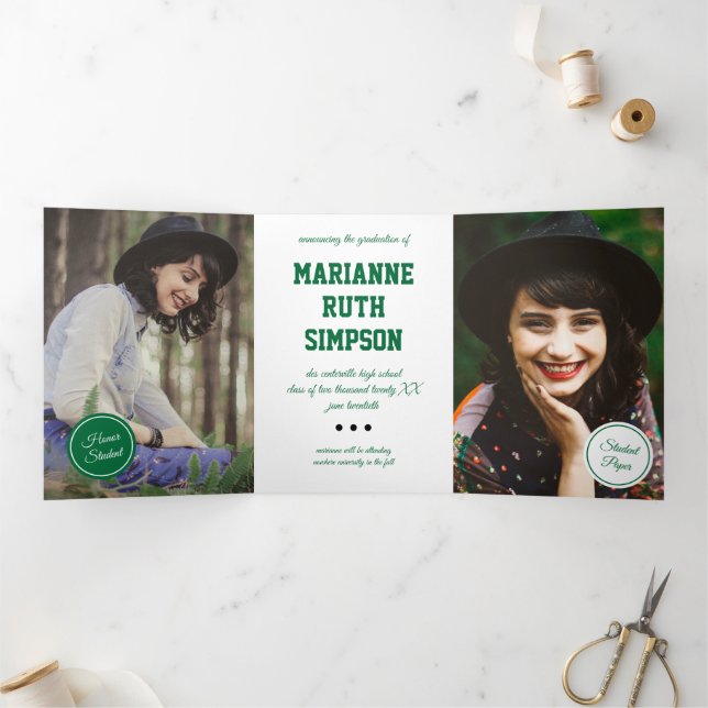 Green Circles 5-Photo Graduation Tri-Fold Invitation (Inside)