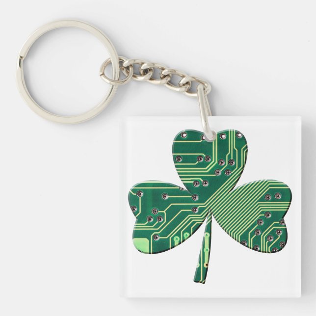 Green Circuit Board St Patrick Day Shamrock Key Ring (Front)