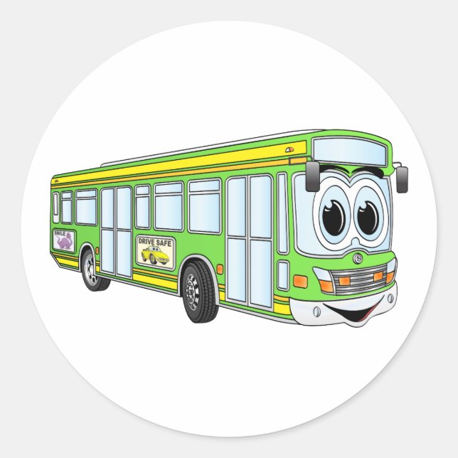 Green City Bus Cartoon Classic Round Sticker (Front)