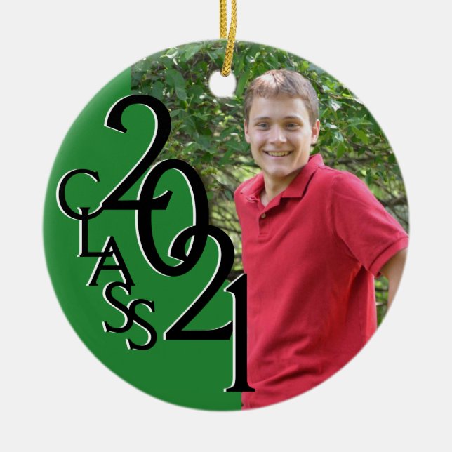 Green Class 2021 Graduation Photo Ceramic Tree Decoration (Front)