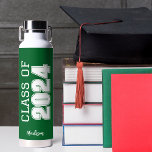 Green Class of 2024 Personalised Graduation Water Bottle<br><div class="desc">This classic green custom senior graduate water bottle features bold white typography reading class of 2024 in varsity letters for a high school or college graduation party keepsake gift. Customise with your name in elegant cursive script underneath for a great commemorative favour.</div>