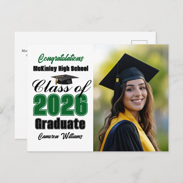 Green Class of 2026 Graduate Photo Graduation Announcement Postcard (Front/Back)
