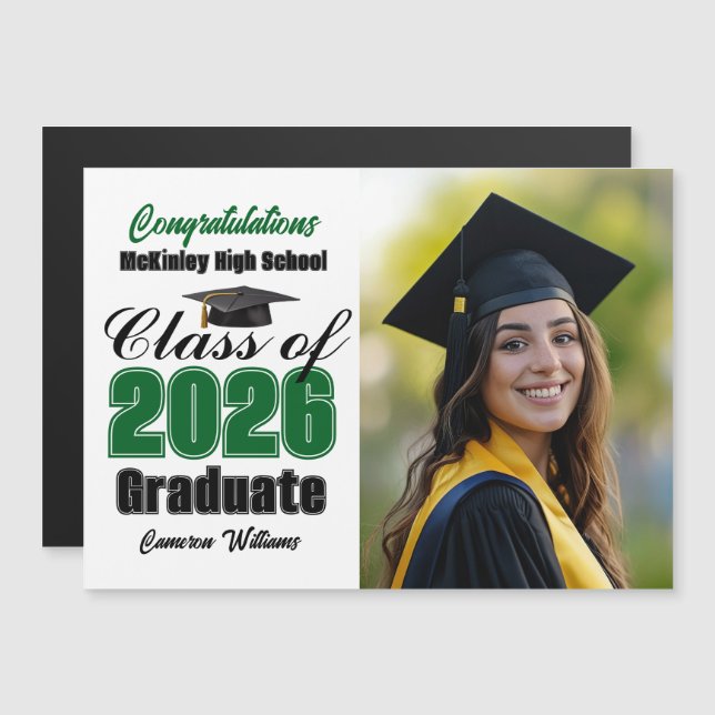Green Class of 2026 Graduation Photo Magnet Card (Front/Back)