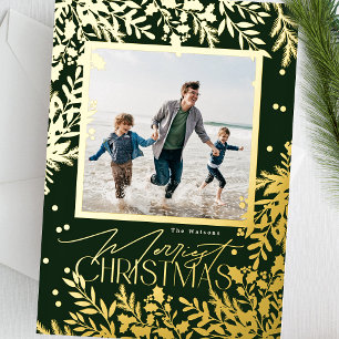 Green Classic Botanical Christmas One Photo Foil Holiday Card