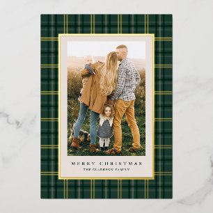 Green Classic Christmas Plaid Three Photo Foil Holiday Card