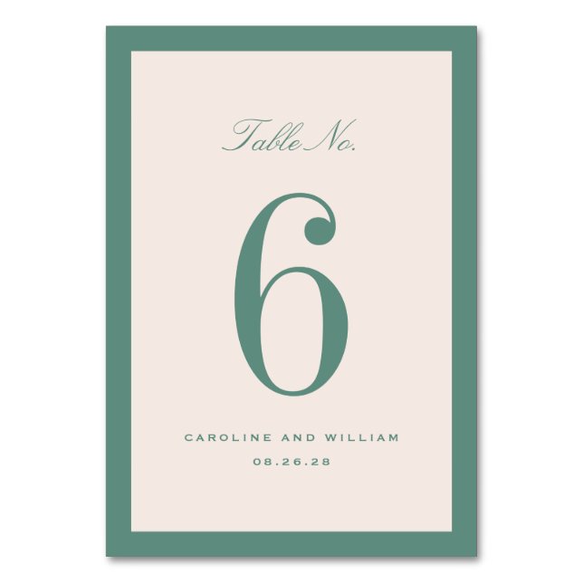 Green Classic Elegance Wedding Table Number (Front)