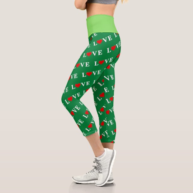 Green Classic Love Heart Elegant Forest Green Capri Leggings (Left)