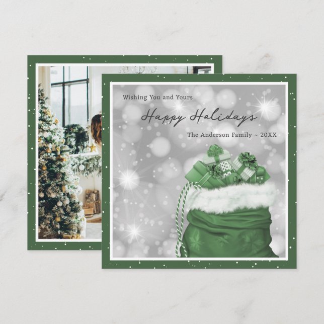 Green Classic Photo Happy Holidays Card (Front/Back)