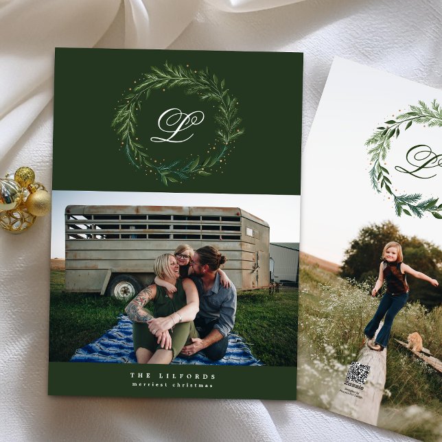 Green Classic Wreath Monogram Two Photo Holiday Card (Creator Uploaded)