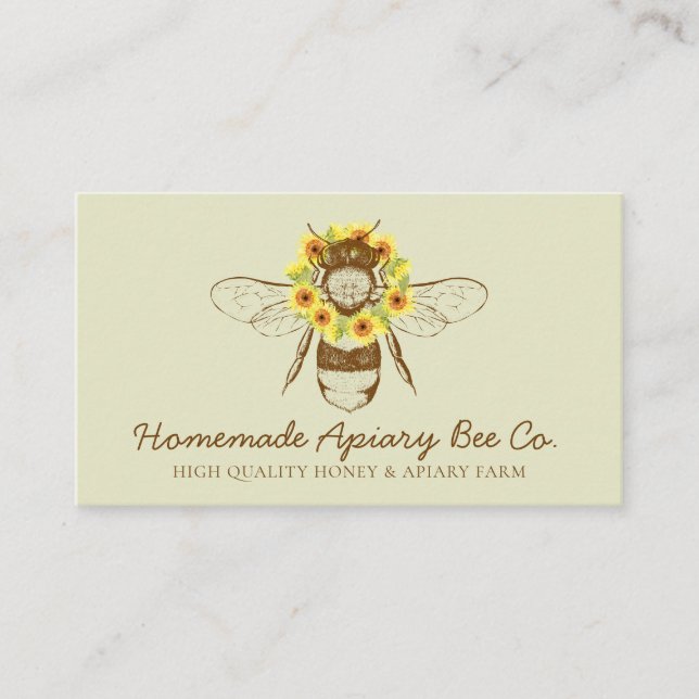 Green Classy Sunflower Floral Apiary Honey Bee Business Card (Front)