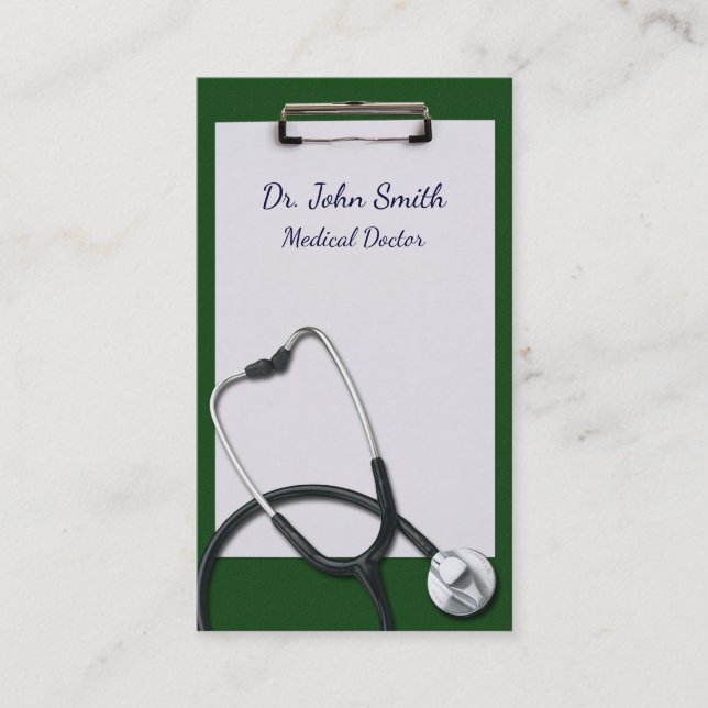 Green Clipboard with Medical Stethoscope Business Card (Front)