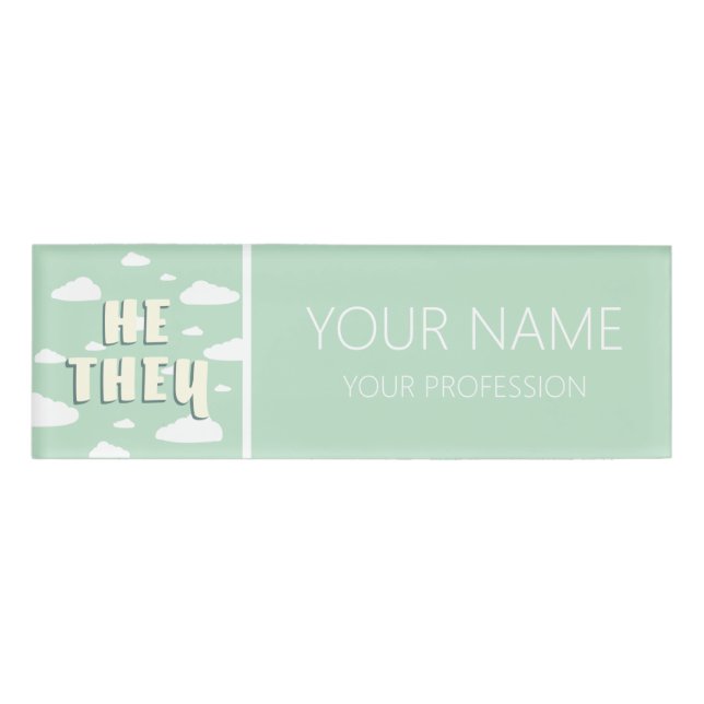 Green Clouds He They Pronouns Name Tag (Front)