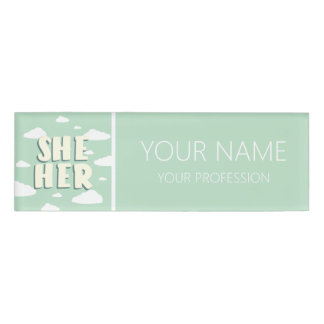 Green Clouds She Her Pronouns Name Tag