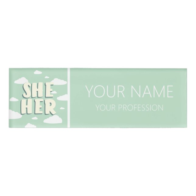 Green Clouds She Her Pronouns Name Tag (Front)