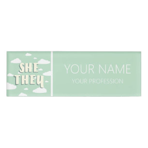 Green Clouds She They Pronouns Name Tag