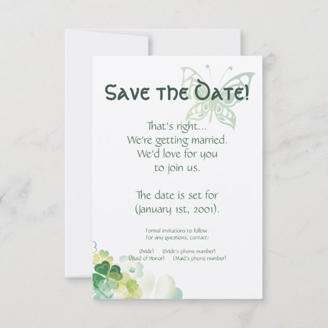 Green Clover and Butterfly Corners Save the Date Invitation (Back)