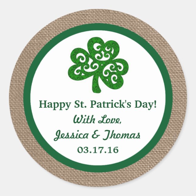 Green Clover & Burlap St. Patrick's Day Classic Round Sticker (Front)