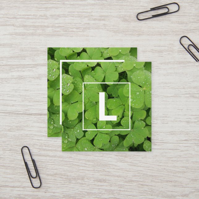 Green clover gardener letter square business card (Front/Back In Situ)