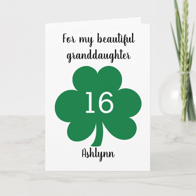 Green Clover Leaf St. Patrick's Day 16th Birthday Card (Front)