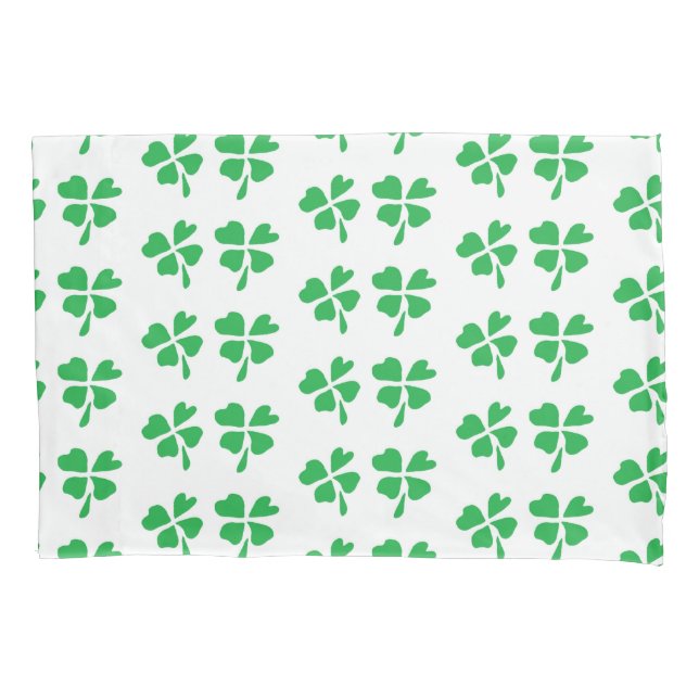 Green clover leaves pattern on white pillowcase (Front)