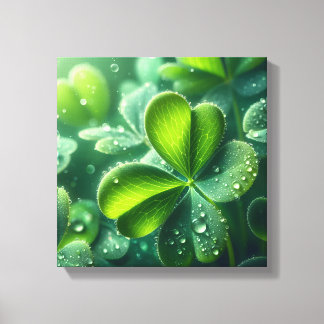 Green clover leaves with water droplets - canvas print