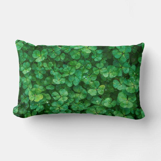 Green Clover Leaves with Water Drops Lumbar Cushion (Front)