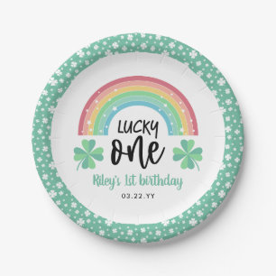 Green Clover & Rainbow Lucky One First Birthday Paper Plate