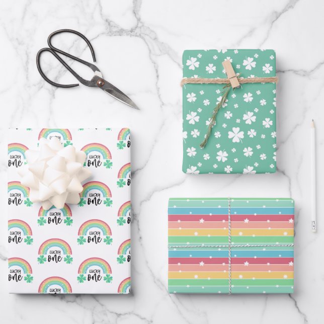 Green Clover & Rainbow Lucky One First Birthday Wrapping Paper Sheet (Front)