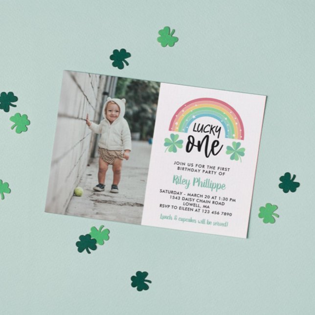 Green Clover Rainbow Lucky One Photo 1st Birthday Invitation (Creator Uploaded)