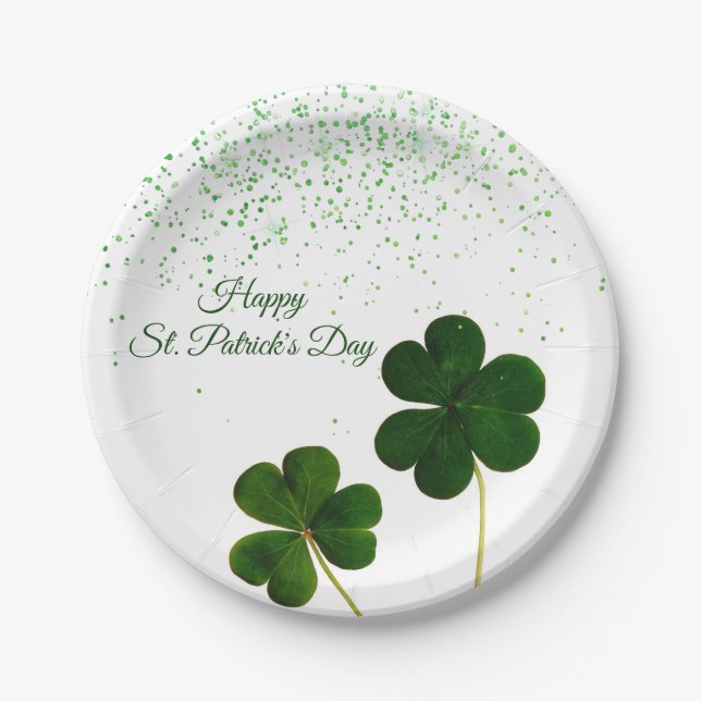 Green Clover Shamrock St. Patricks Day Paper Plate (Front)
