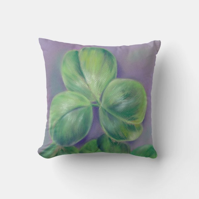Green Clover Shamrocks on Purple Pastel Art Cushion (Front)