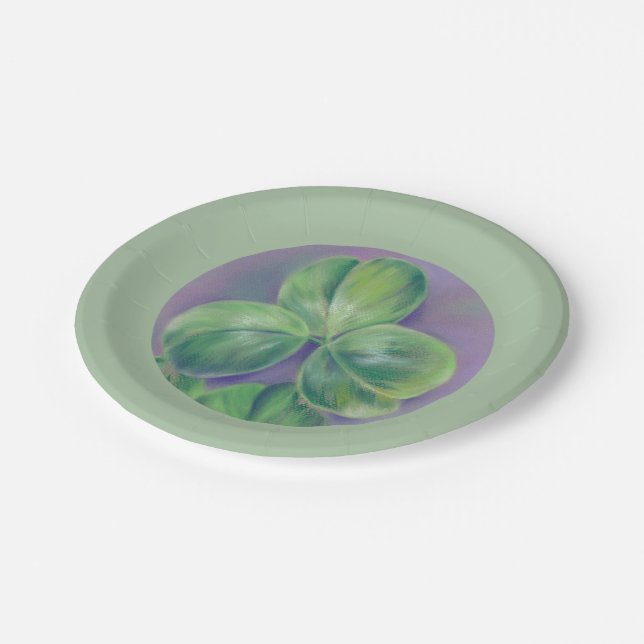 Green Clover Shamrocks on Purple Pastel Art Paper Plate (Angled)