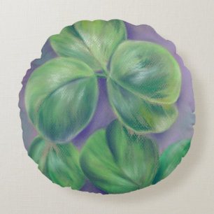 Green Clover Shamrocks on Purple Pastel Art Round Cushion