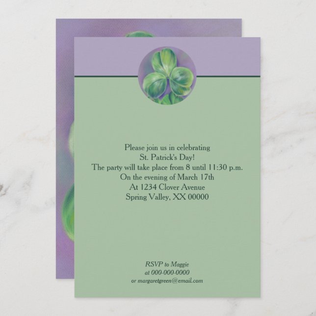 Green Clover Shamrocks on Purple St. Patrick's Day Invitation (Front/Back)