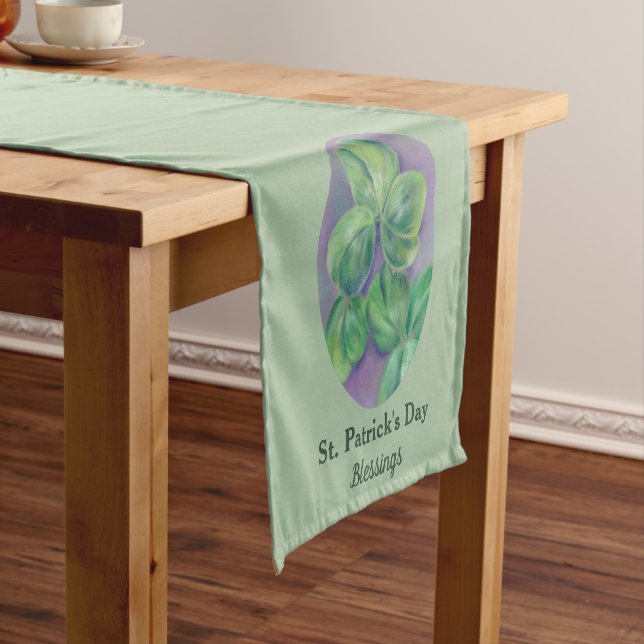 Green Clover Shamrocks on Purple St. Patrick's Day Short Table Runner (In Situ)