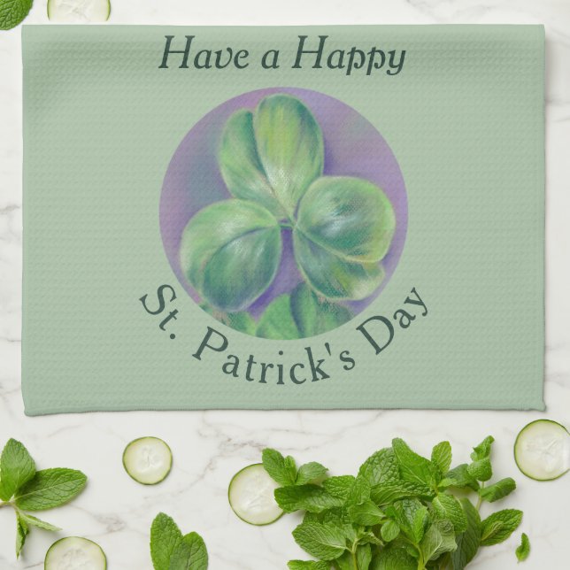 Green Clover Shamrocks on Purple St. Patrick's Day Tea Towel (Folded)