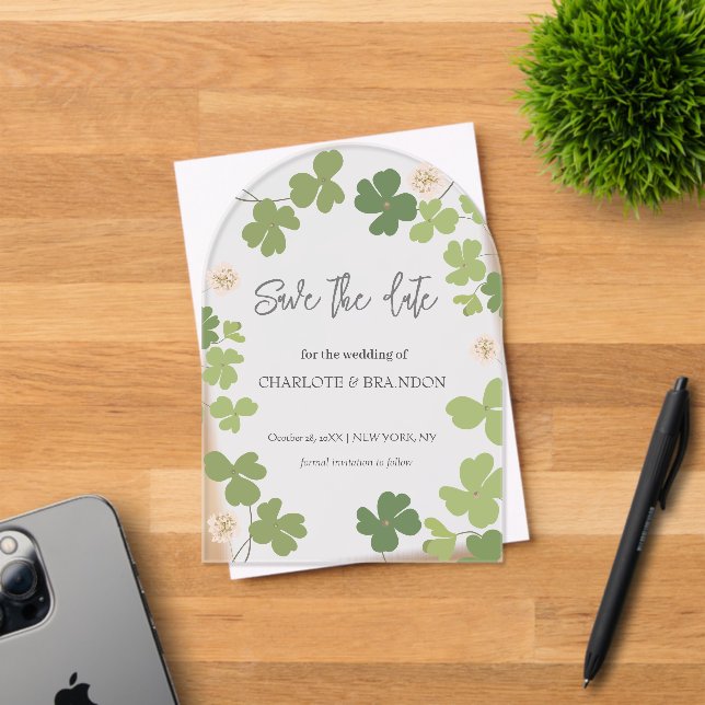 Green Clover Spring Wildflowers Wedding  Acrylic Invitations (Insitu (Invitation Card))