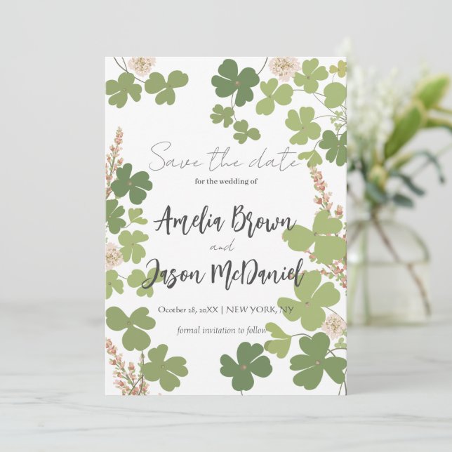 Green Clover Spring Wildflowers Wedding  Save The Save The Date (Standing Front)