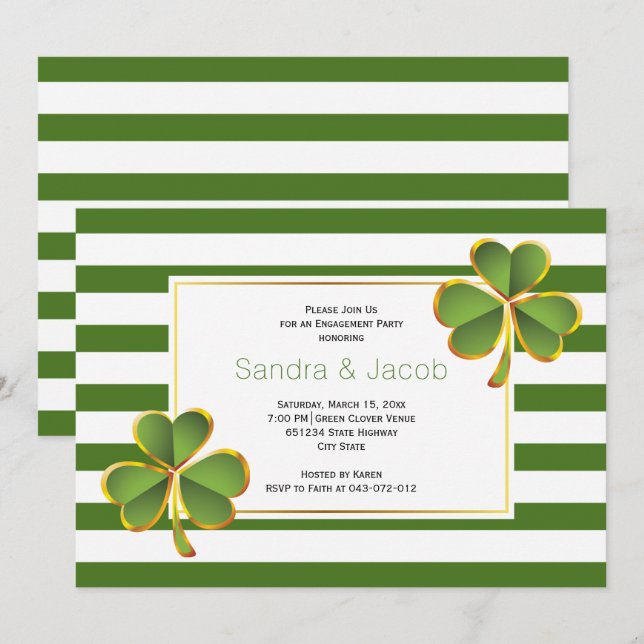 Green clover, stripes wedding engagement party invitation (Front/Back)
