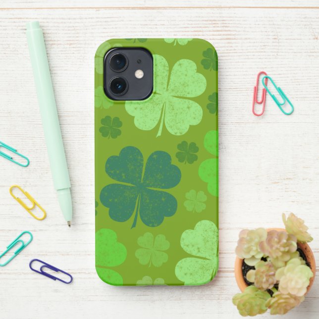Green Clovers, Lucky Clovers, Saint Patrick's Day iPhone Case (On Desk)