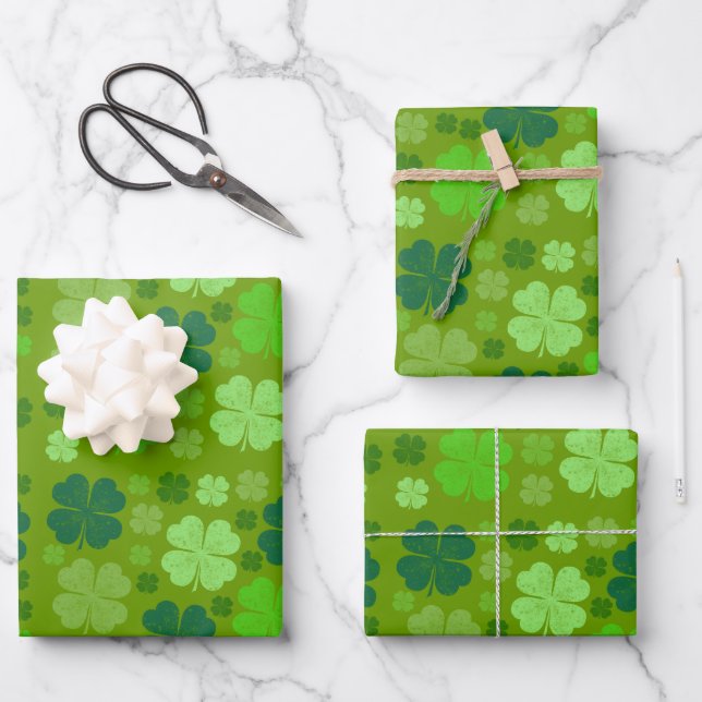 Green Clovers, Lucky Clovers, Saint Patrick's Day Wrapping Paper Sheet (Front)