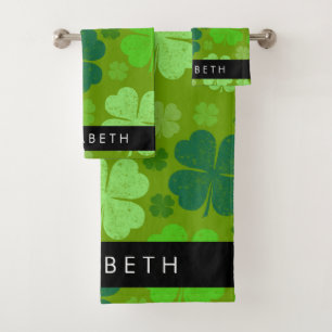 Green Clovers, Lucky Clovers, Your Name Bath Towel Set