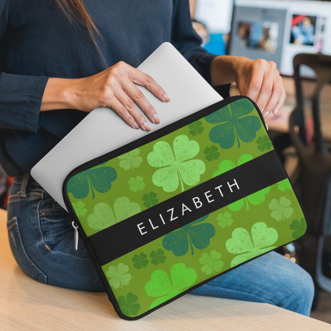 Green Clovers, Lucky Clovers, Your Name Laptop Sleeve (Creator Uploaded)