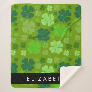 Green Clovers, Lucky Clovers, Your Name Sherpa Blanket