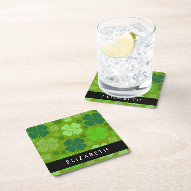 Green Clovers, Lucky Clovers, Your Name Square Paper Coaster (Insitu)