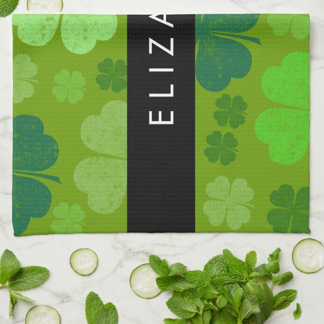 Green Clovers, Lucky Clovers, Your Name Tea Towel (Folded)