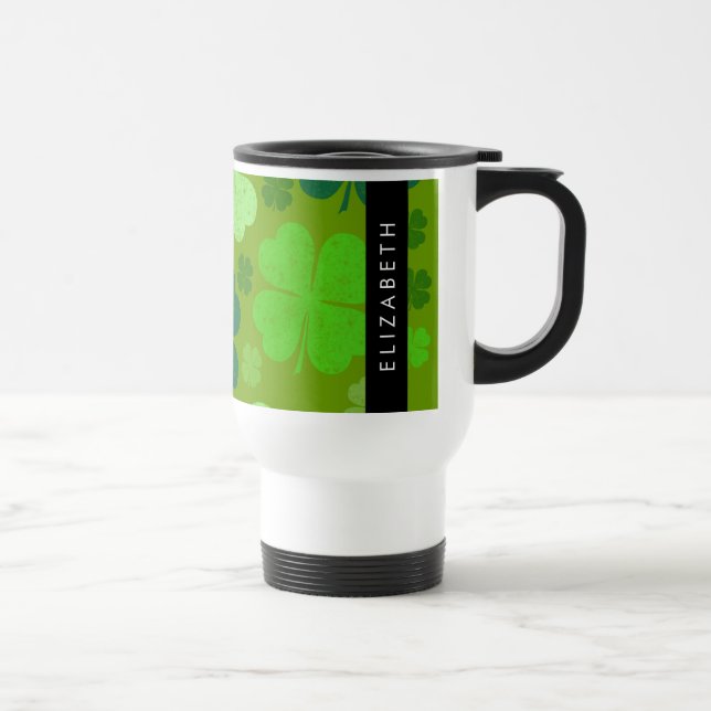 Green Clovers, Lucky Clovers, Your Name Travel Mug (Right)
